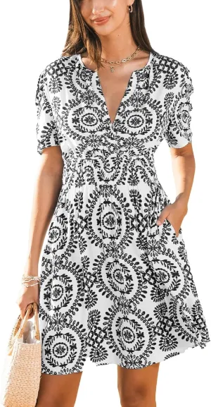 CUPSHE Womens Summer Dresses 2025 V Neck Short Sleeve Flowy A-line Beach Vacation Dress with Pockets