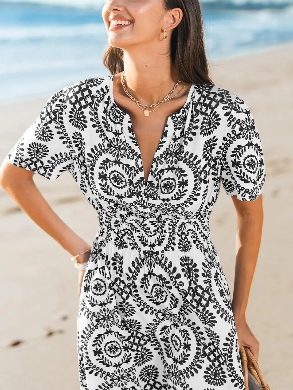 CUPSHE Womens Summer Dresses 2025 V Neck Short Sleeve Flowy A-line Beach Vacation Dress with Pockets