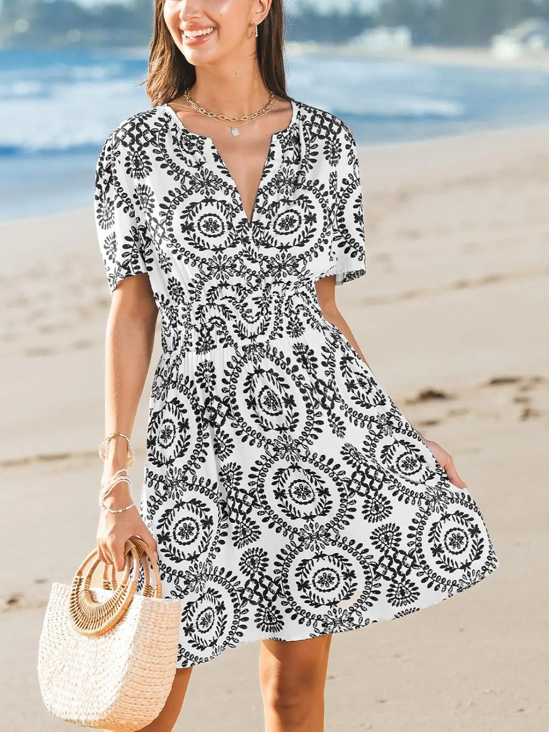 CUPSHE Womens Summer Dresses 2025 V Neck Short Sleeve Flowy A-line Beach Vacation Dress with Pockets