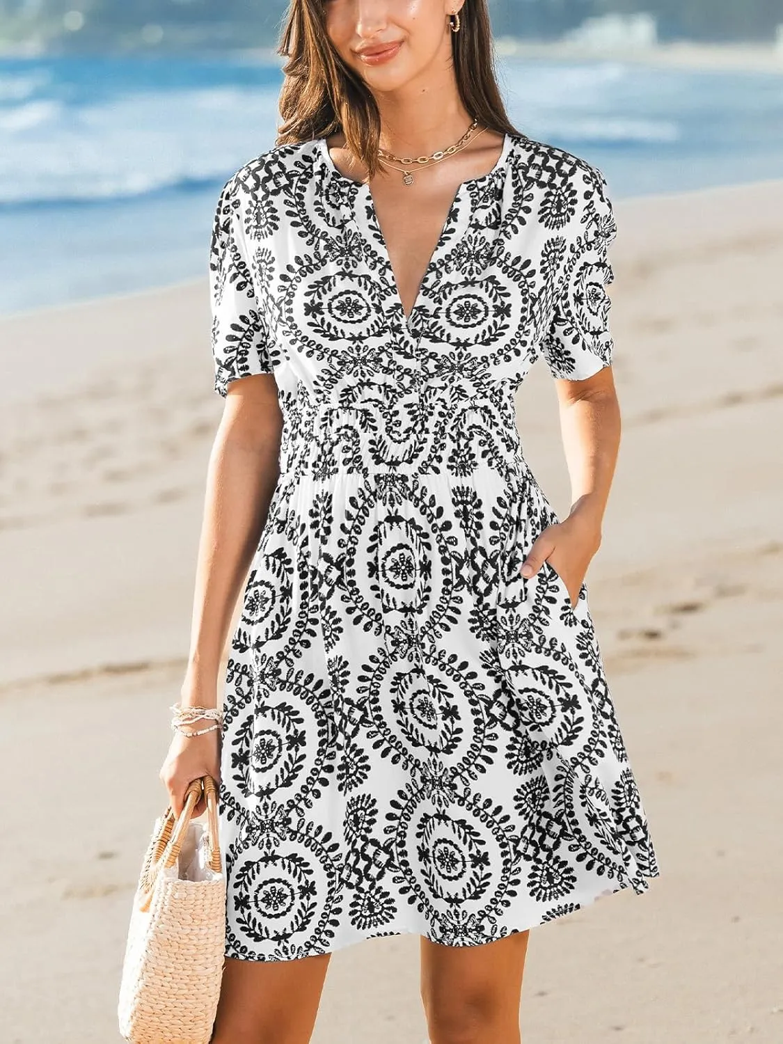 CUPSHE Womens Summer Dresses 2025 V Neck Short Sleeve Flowy A-line Beach Vacation Dress with Pockets