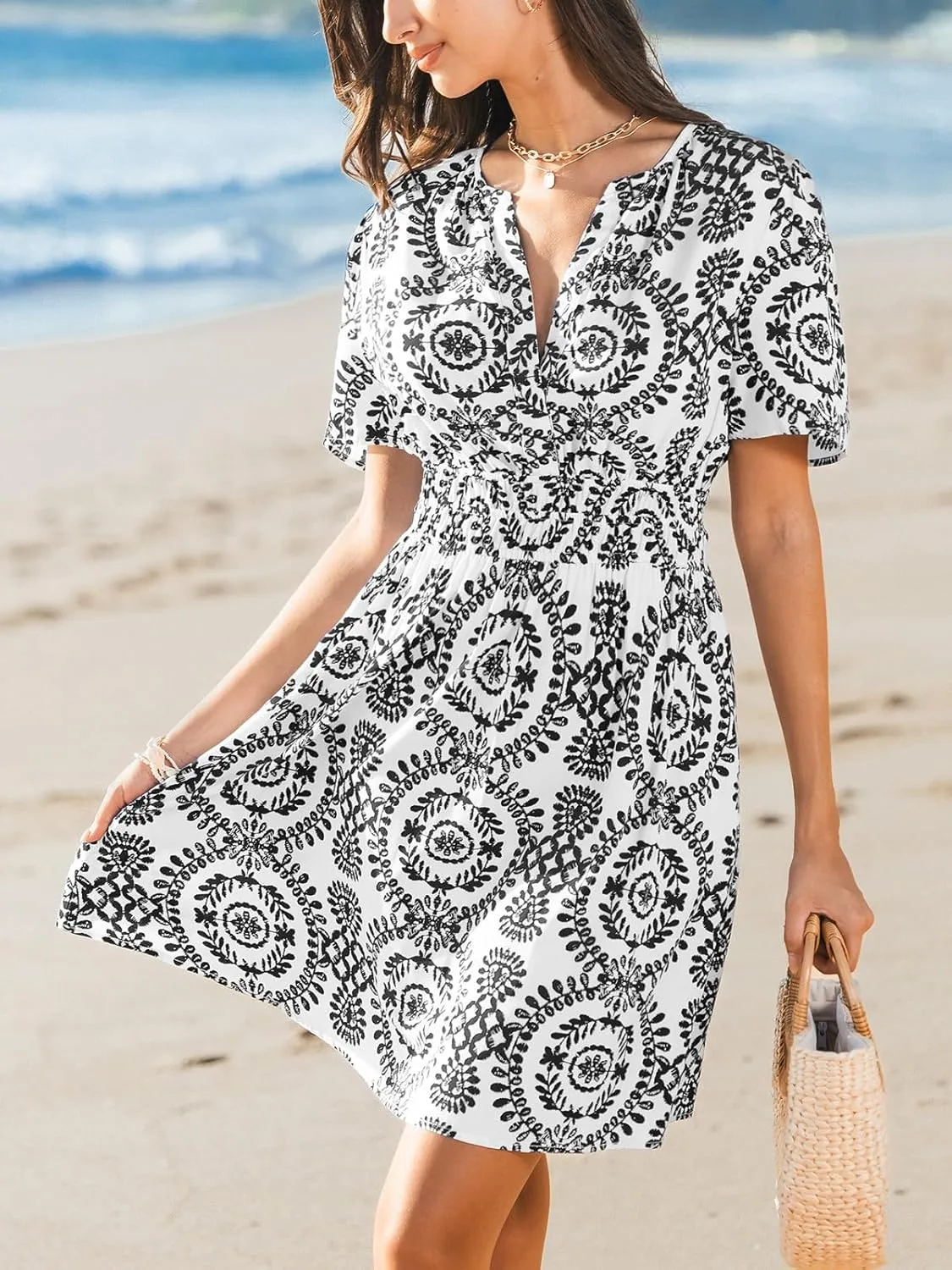 CUPSHE Womens Summer Dresses 2025 V Neck Short Sleeve Flowy A-line Beach Vacation Dress with Pockets