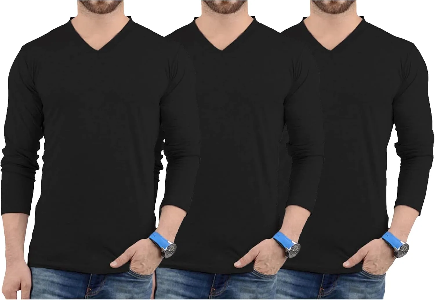 Decrum Long Sleeves Shirts for Men - Pack of 3 V-Neck Soft Breathable Full Sleeve T Shirt Mens Multipack