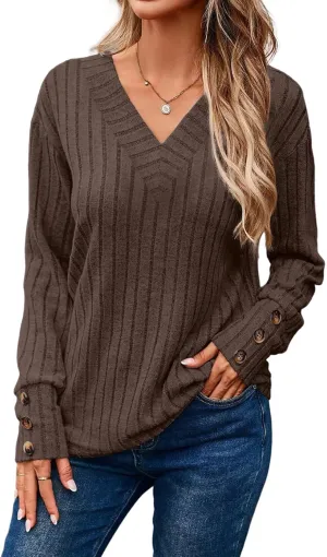 Dokotoo Womens Soft Long Sleeve V Neck Shirts Solid Casual Decorative Buttons Knitted Pullover Tunic Tops