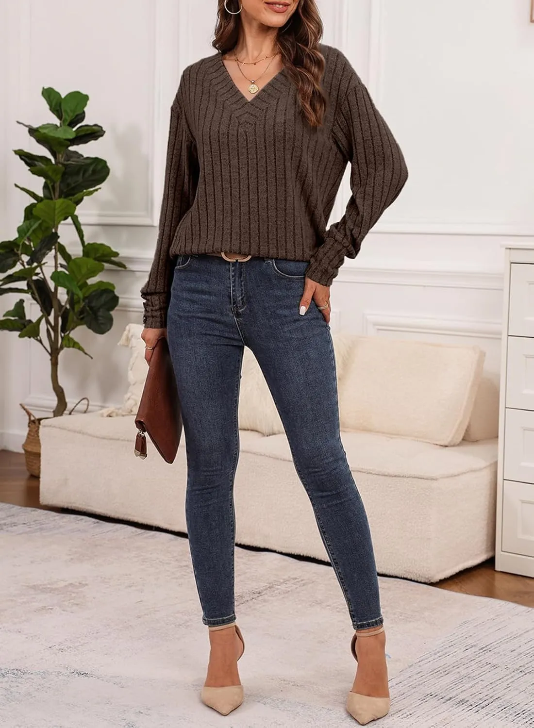 Dokotoo Womens Soft Long Sleeve V Neck Shirts Solid Casual Decorative Buttons Knitted Pullover Tunic Tops