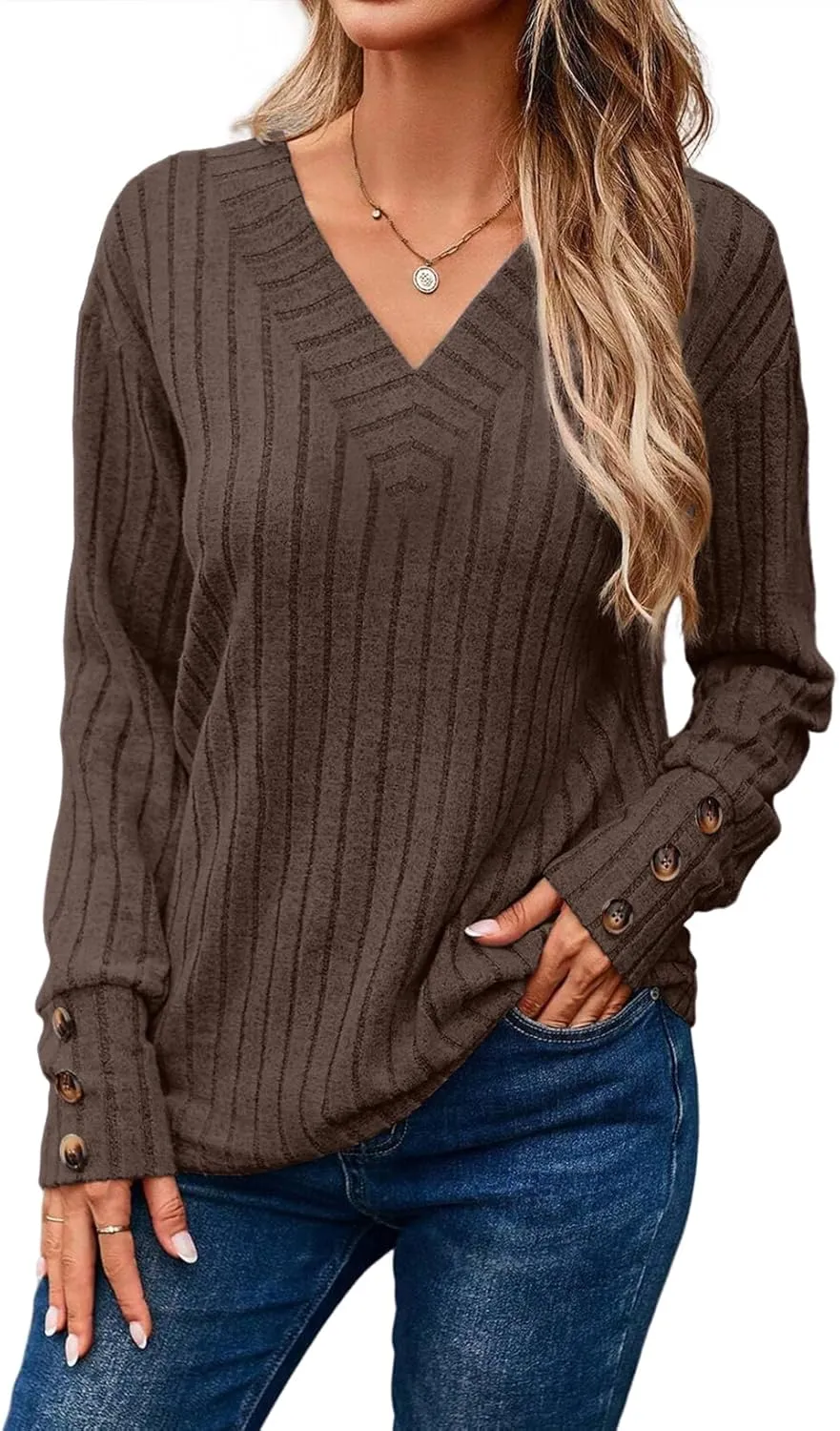 Dokotoo Womens Soft Long Sleeve V Neck Shirts Solid Casual Decorative Buttons Knitted Pullover Tunic Tops