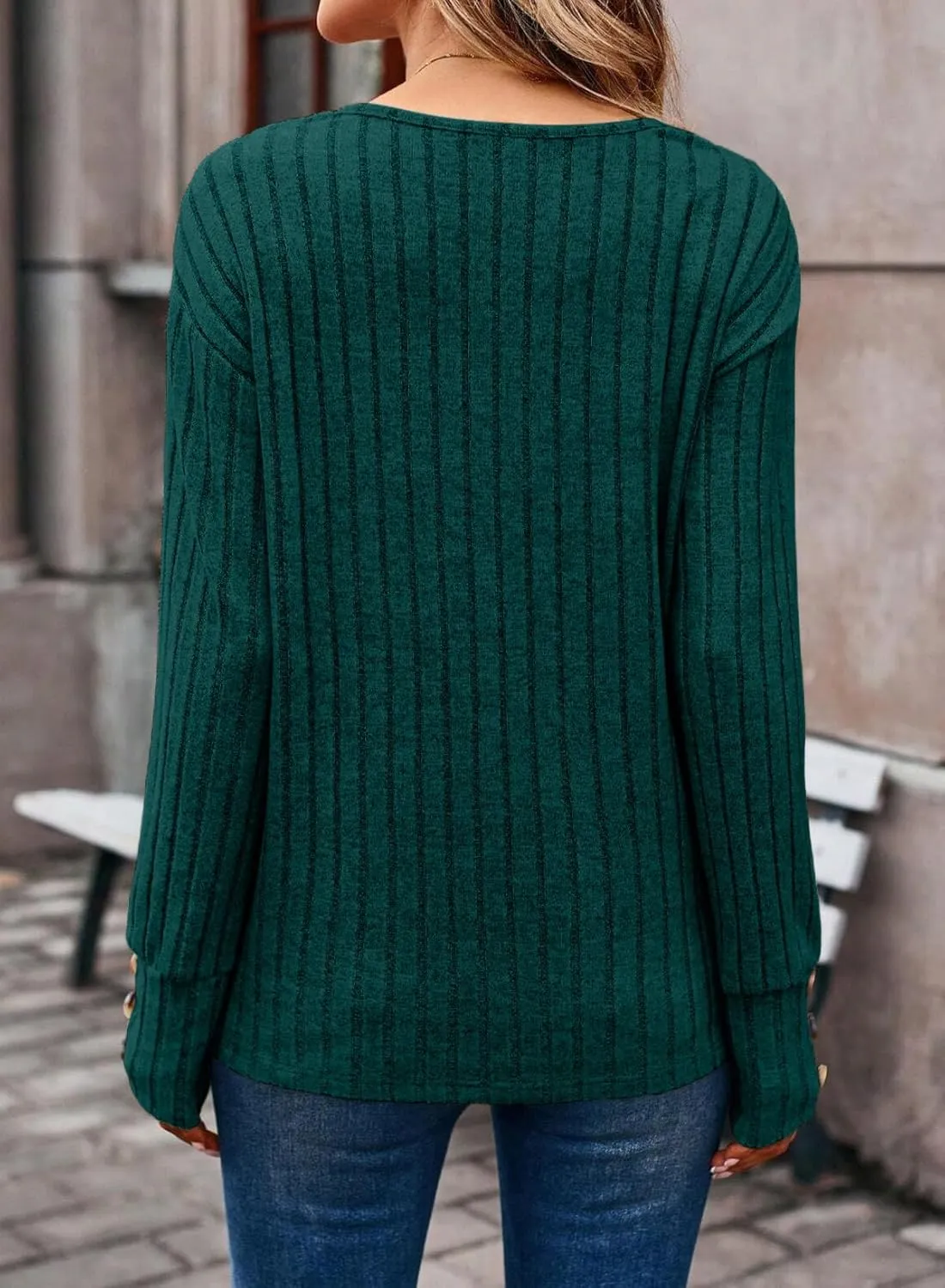 Dokotoo Womens Soft Long Sleeve V Neck Shirts Solid Casual Decorative Buttons Knitted Pullover Tunic Tops