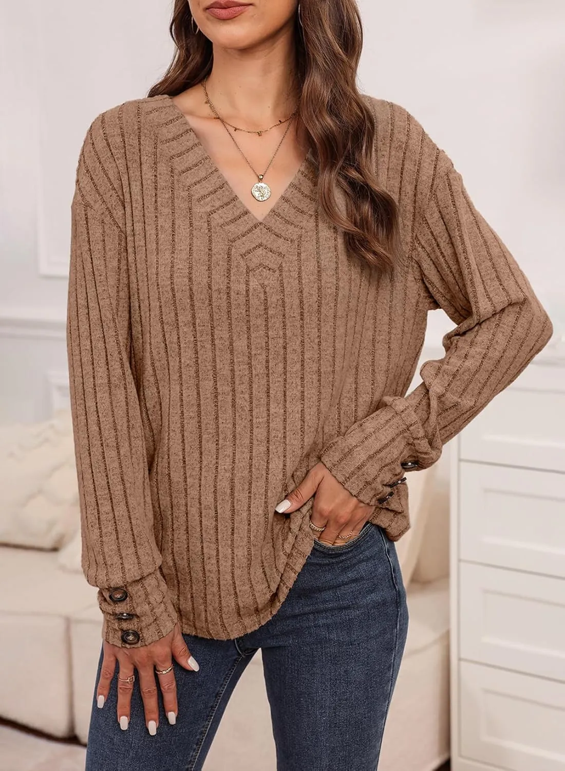 Dokotoo Womens Soft Long Sleeve V Neck Shirts Solid Casual Decorative Buttons Knitted Pullover Tunic Tops