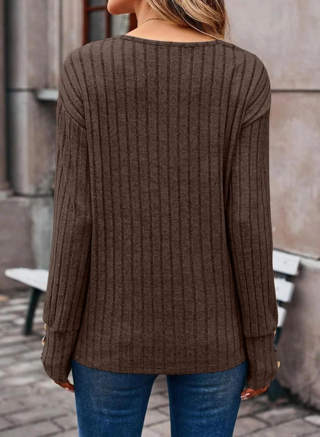 Dokotoo Womens Soft Long Sleeve V Neck Shirts Solid Casual Decorative Buttons Knitted Pullover Tunic Tops