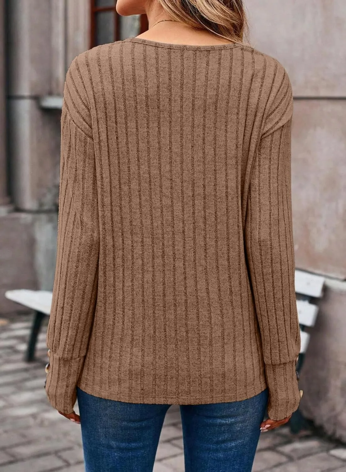 Dokotoo Womens Soft Long Sleeve V Neck Shirts Solid Casual Decorative Buttons Knitted Pullover Tunic Tops