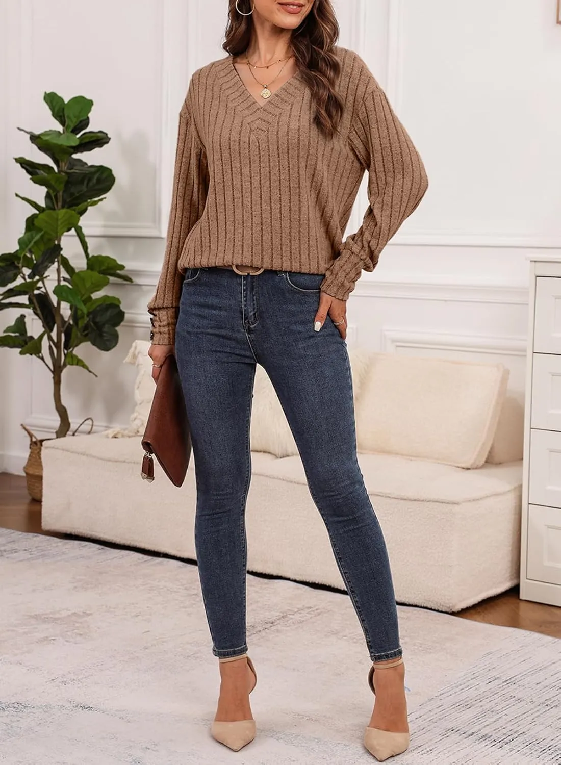 Dokotoo Womens Soft Long Sleeve V Neck Shirts Solid Casual Decorative Buttons Knitted Pullover Tunic Tops