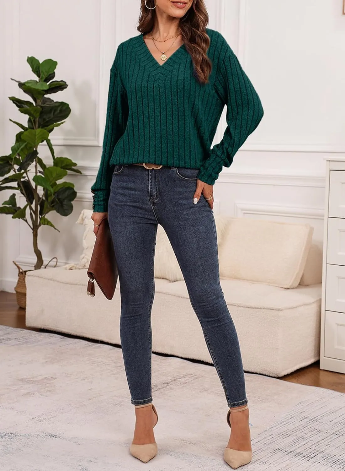 Dokotoo Womens Soft Long Sleeve V Neck Shirts Solid Casual Decorative Buttons Knitted Pullover Tunic Tops