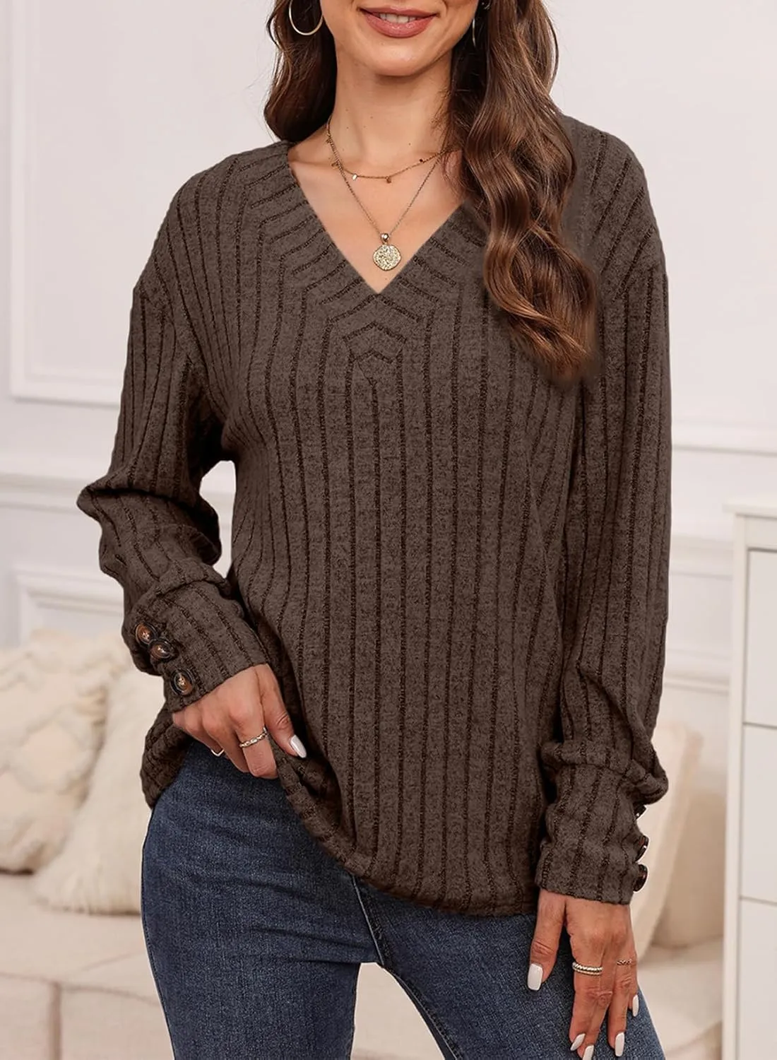 Dokotoo Womens Soft Long Sleeve V Neck Shirts Solid Casual Decorative Buttons Knitted Pullover Tunic Tops