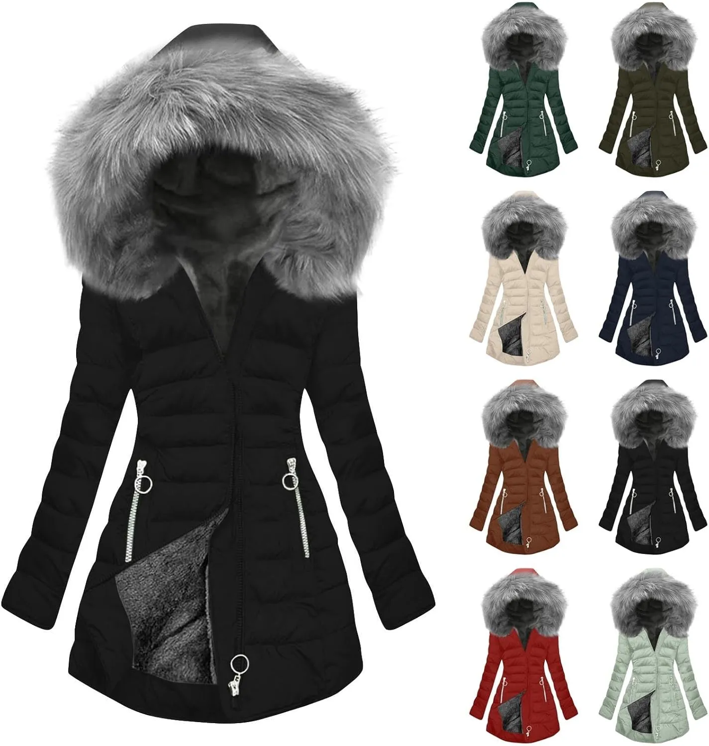 Down Jacket Women Fleece Lined Hoodie Thicken Coat Winter Thickened Cotton Coat Mid Length Quilted Jackets