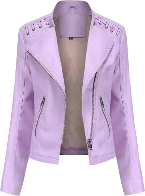 ebossy Women's Faux Leather Zipper Up Long Sleeve Slim Cropped Motorcycle Jacket Outwear