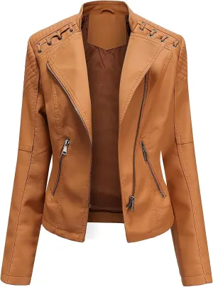 ebossy Women's Faux Leather Zipper Up Long Sleeve Slim Cropped Motorcycle Jacket Outwear