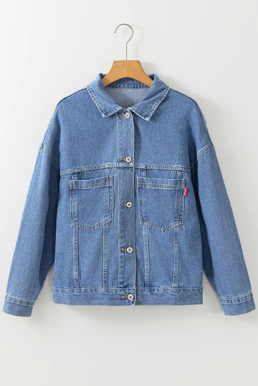 Ecosunny Womens Casual Long Sleeve Button Down Shirt Jacket Stripe Washed Oversize Pocketed Denim Lightweight Coat Tops