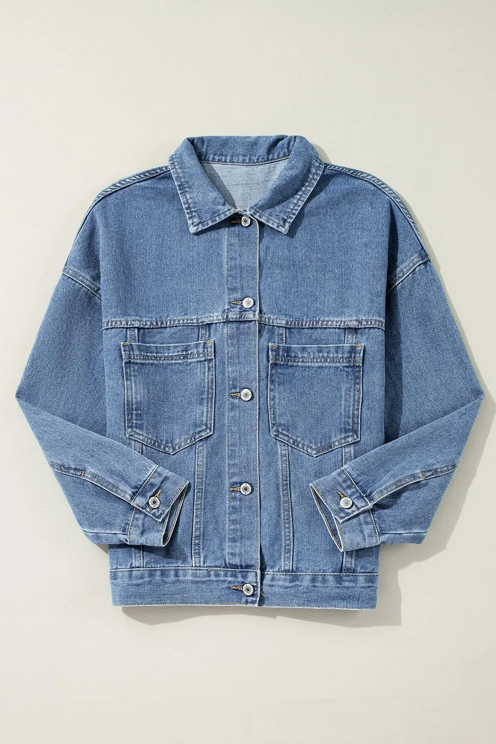 Ecosunny Womens Casual Long Sleeve Button Down Shirt Jacket Stripe Washed Oversize Pocketed Denim Lightweight Coat Tops