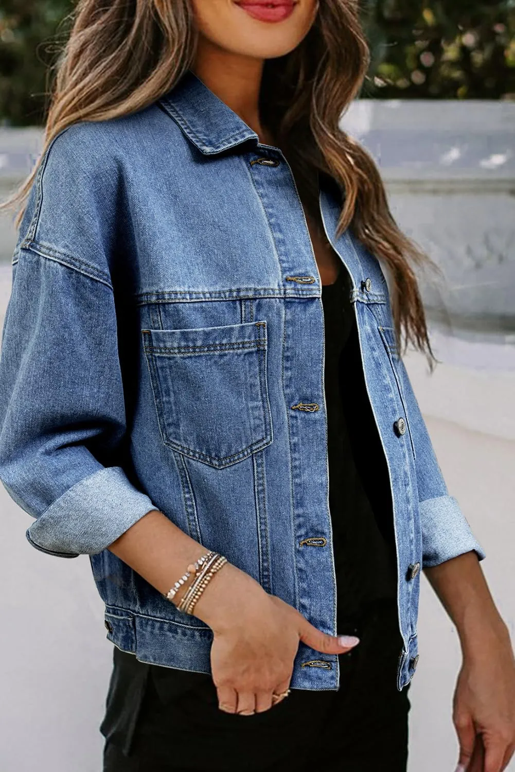 Ecosunny Womens Casual Long Sleeve Button Down Shirt Jacket Stripe Washed Oversize Pocketed Denim Lightweight Coat Tops