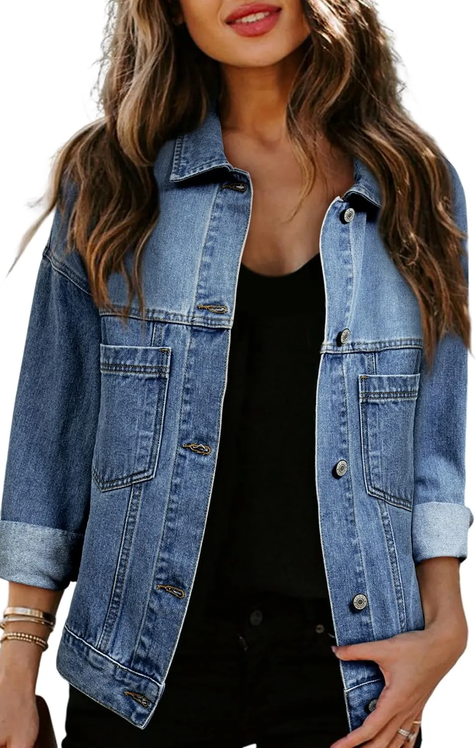 Ecosunny Womens Casual Long Sleeve Button Down Shirt Jacket Stripe Washed Oversize Pocketed Denim Lightweight Coat Tops