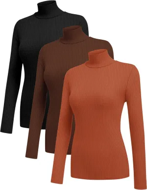 Ekouaer Women 3 Pack Turtleneck Shirts Ribbed Thermal Underwear Tops Lightweight Long Sleeve Layer Tees Basic Pullover Blouse