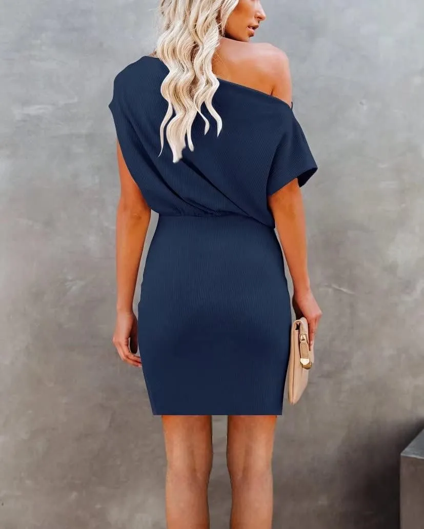 Ezbelle Women's Off The Shoulder Short Sleeve Ribbed Casual Summer HIPS-Wrapped Bodycon Party Mini Batwing Dress