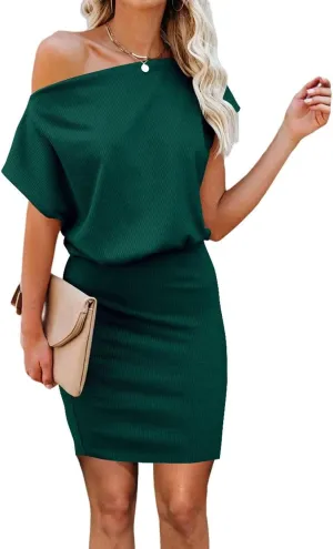 Ezbelle Women's Off The Shoulder Short Sleeve Ribbed Casual Summer HIPS-Wrapped Bodycon Party Mini Batwing Dress