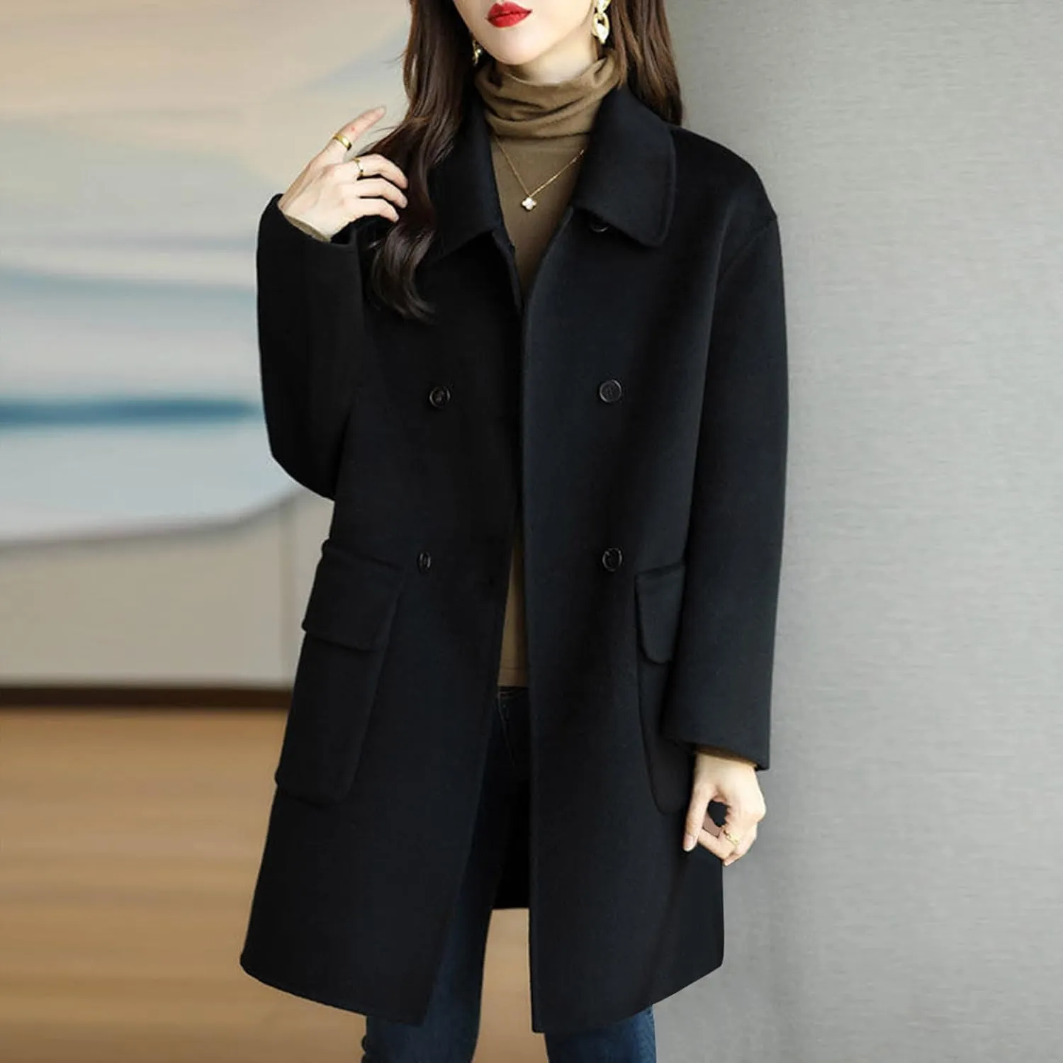 Fall Trench Coat for Women, Mid Long Outerwear Windproof Classic Solid Overcoat Casual Slim Outdoor Jackets