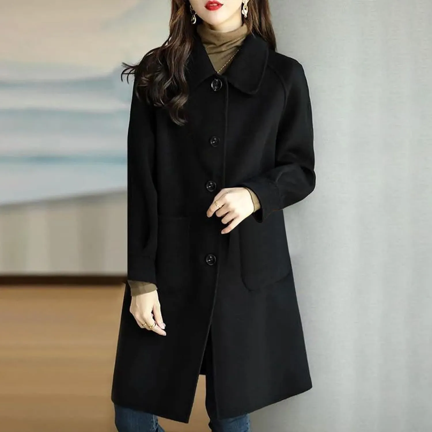 Fall Trench Coat for Women, Mid Long Outerwear Windproof Classic Solid Overcoat Casual Slim Outdoor Jackets