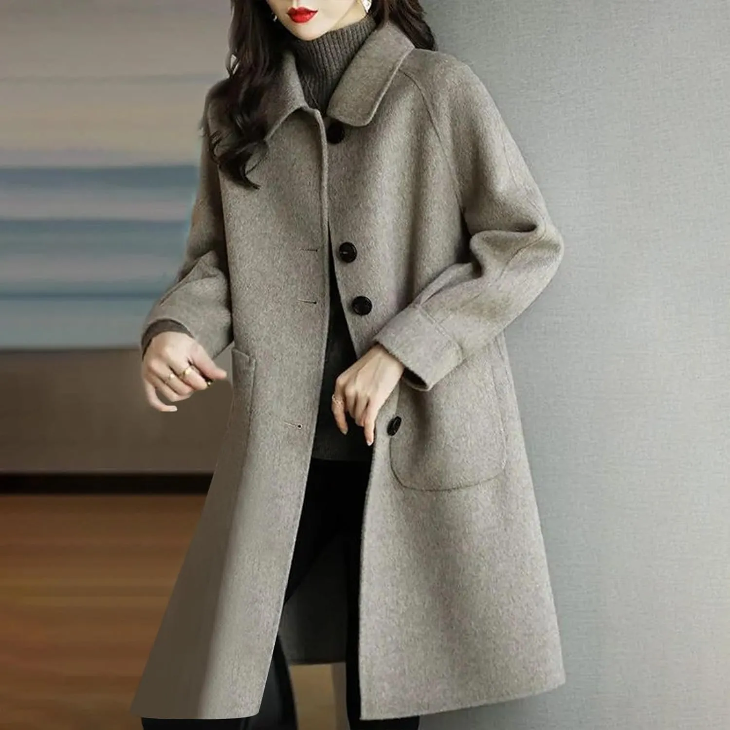 Fall Trench Coat for Women, Mid Long Outerwear Windproof Classic Solid Overcoat Casual Slim Outdoor Jackets