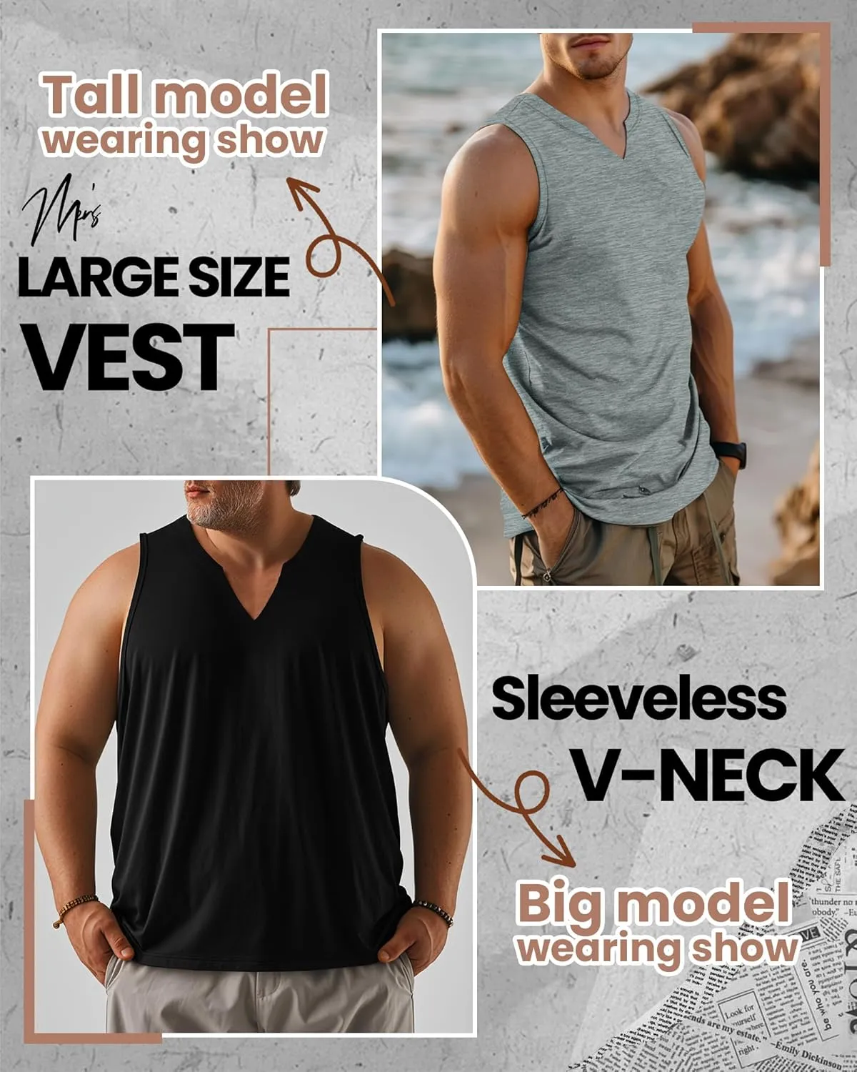 Ficerd 3 Pack Men's Big and Tall Muscle Tank Tops Cotton V Neck Sleeveless Shirts Plus Size Summer Casual Lightweight Tees