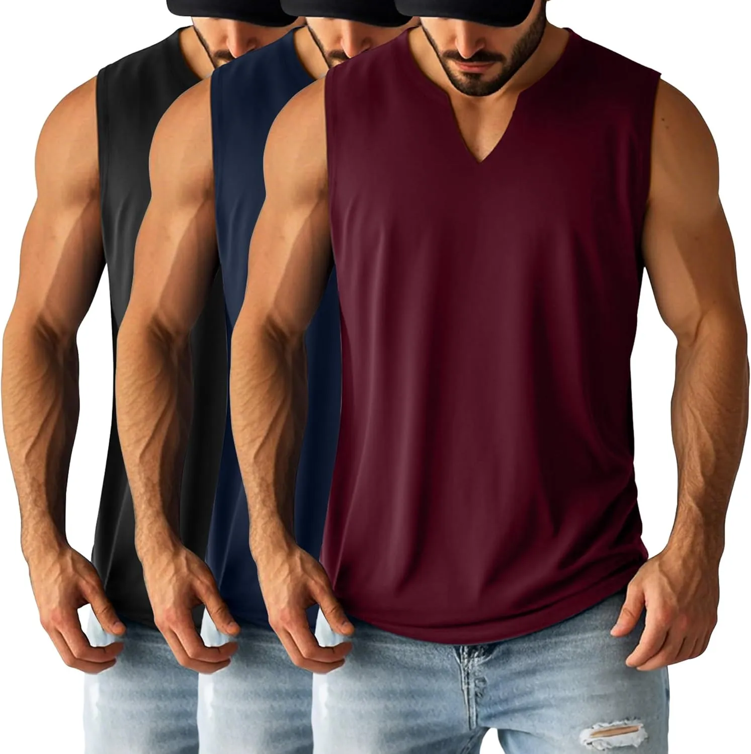 Ficerd 3 Pack Men's Big and Tall Muscle Tank Tops Cotton V Neck Sleeveless Shirts Plus Size Summer Casual Lightweight Tees