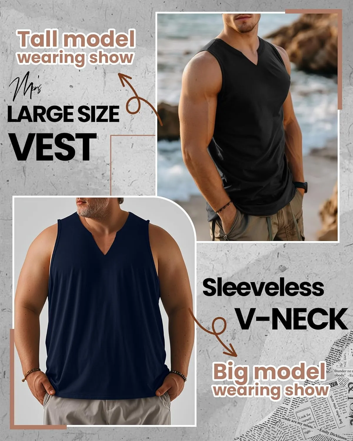 Ficerd 3 Pack Men's Big and Tall Muscle Tank Tops Cotton V Neck Sleeveless Shirts Plus Size Summer Casual Lightweight Tees