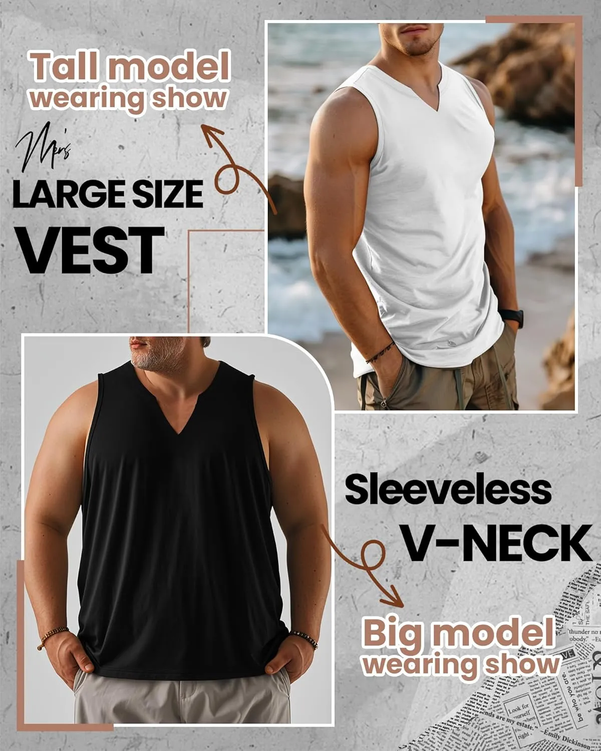 Ficerd 3 Pack Men's Big and Tall Muscle Tank Tops Cotton V Neck Sleeveless Shirts Plus Size Summer Casual Lightweight Tees
