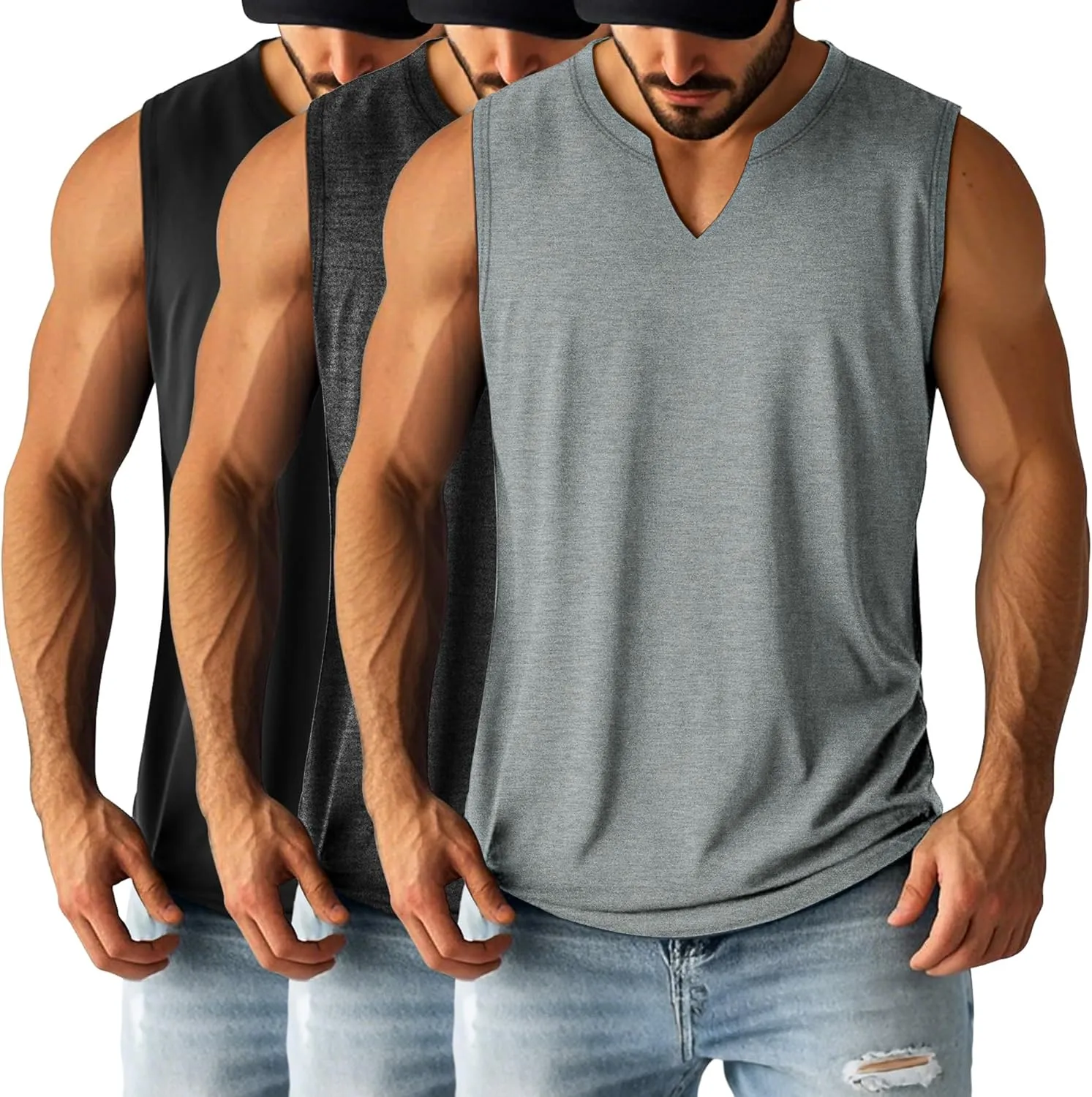 Ficerd 3 Pack Men's Big and Tall Muscle Tank Tops Cotton V Neck Sleeveless Shirts Plus Size Summer Casual Lightweight Tees