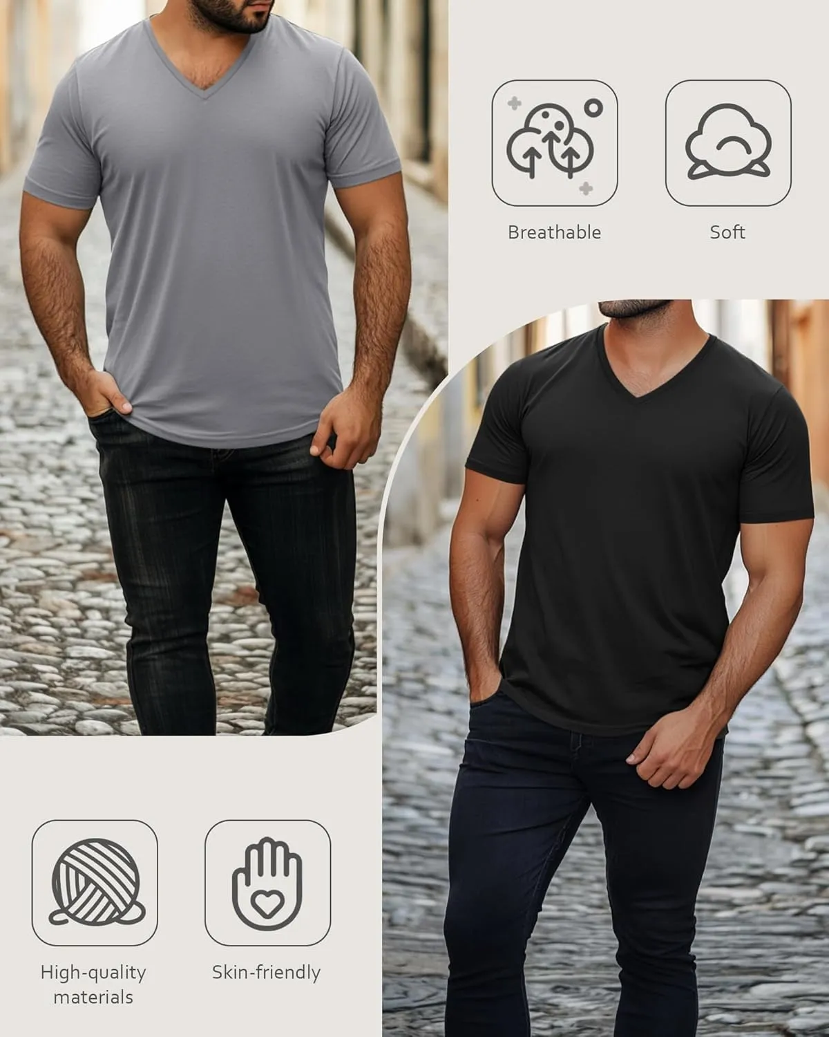 Ficerd 3 Pack Men's V Neck 95% Cotton T-Shirts M-7xl Big Tall Regular Soft Short Sleeve Basic 2025 Summer Clothes