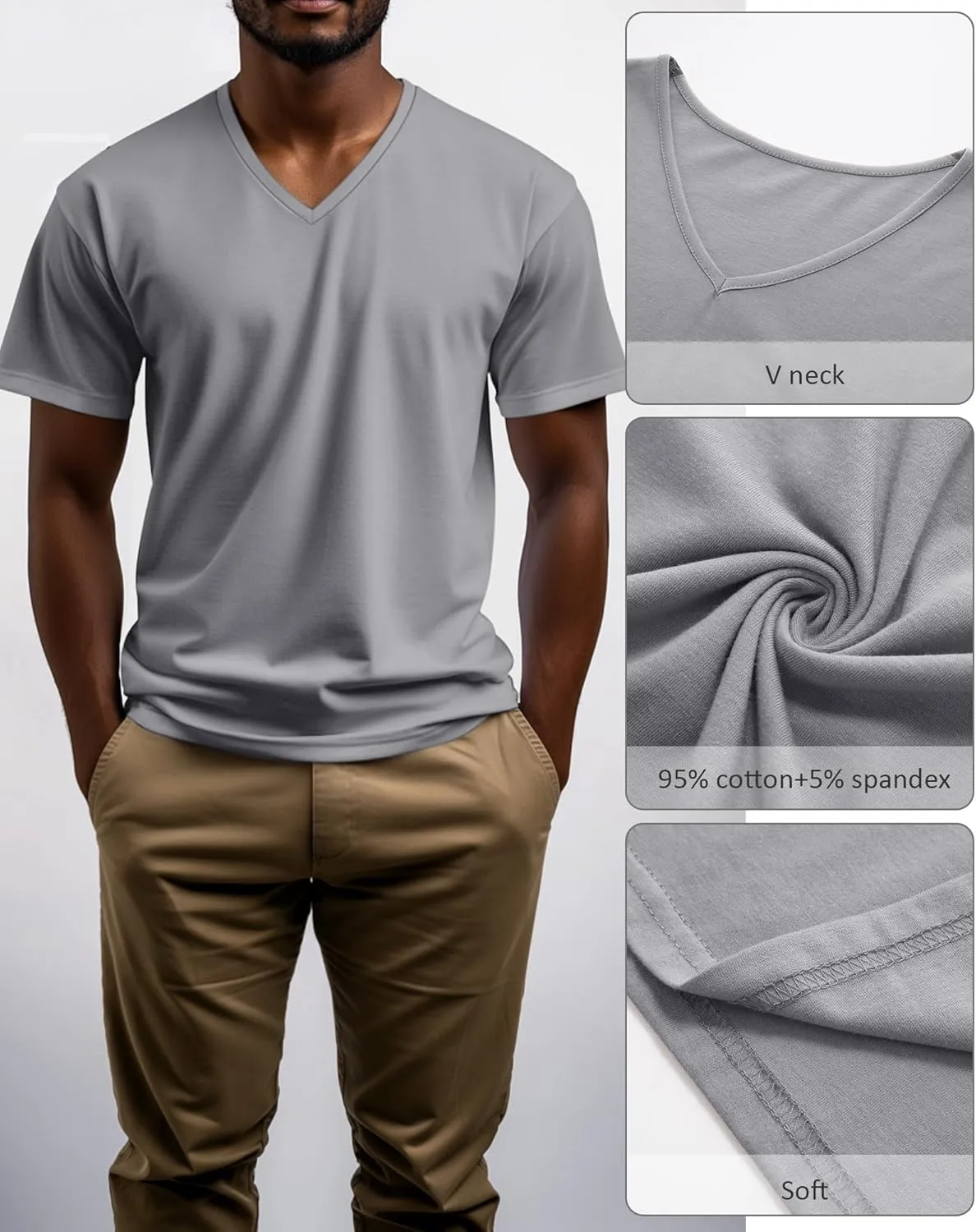 Ficerd 3 Pack Men's V Neck 95% Cotton T-Shirts M-7xl Big Tall Regular Soft Short Sleeve Basic 2025 Summer Clothes