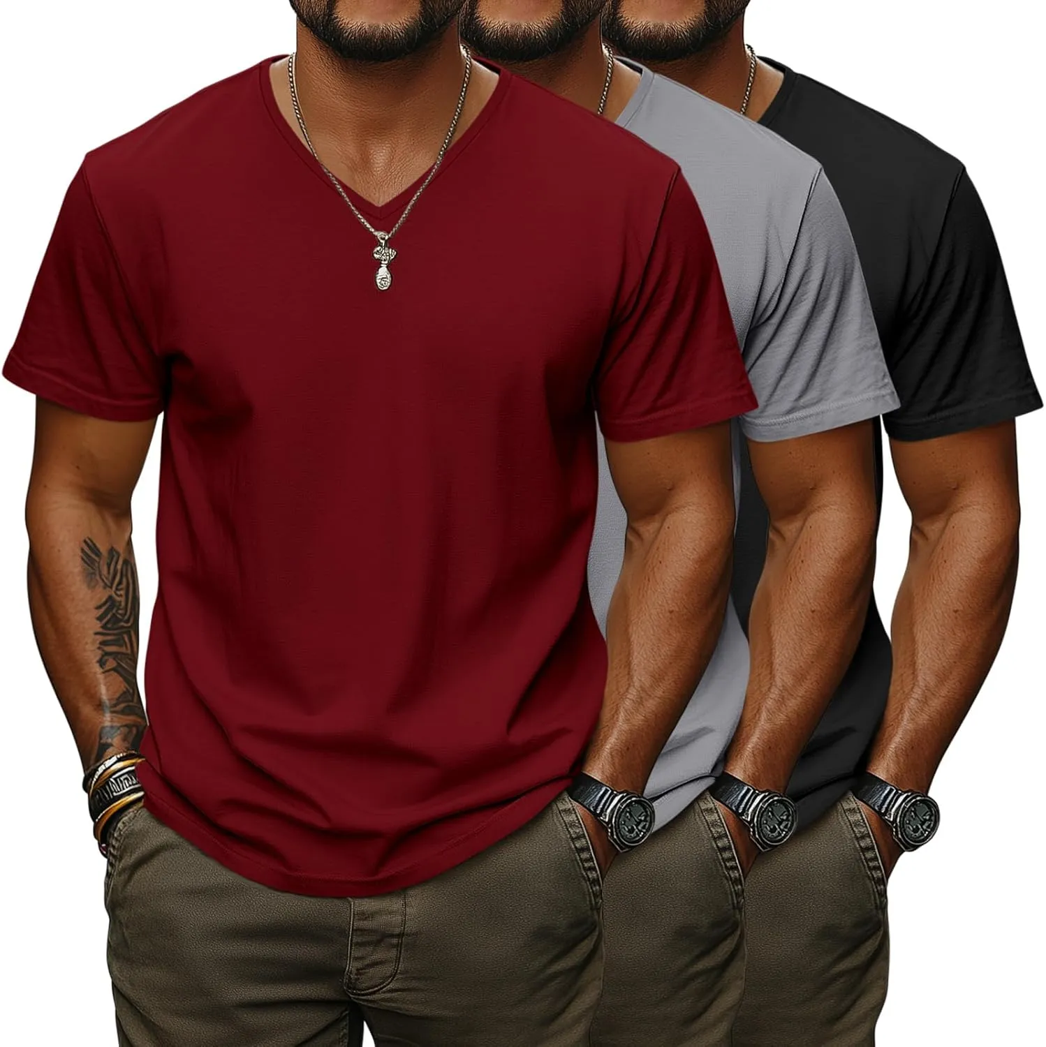 Ficerd 3 Pack Men's V Neck 95% Cotton T-Shirts M-7xl Big Tall Regular Soft Short Sleeve Basic 2025 Summer Clothes