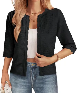 GRACE KARIN Women's 3/4 Short Sleeve Cropped Cardigan Lightweight Button up Crochet Knit Sweater Shrug for Summer Spring