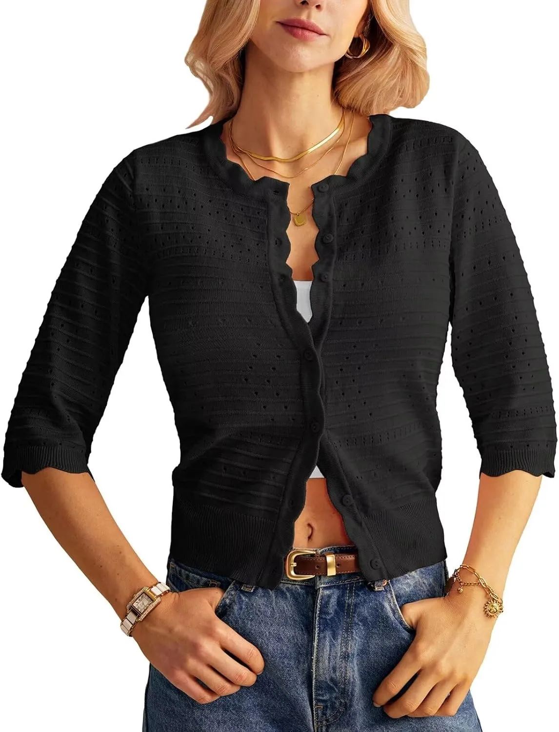 GRACE KARIN Women's 3/4 Short Sleeve Cropped Cardigan Lightweight Button up Crochet Knit Sweater Shrug for Summer Spring