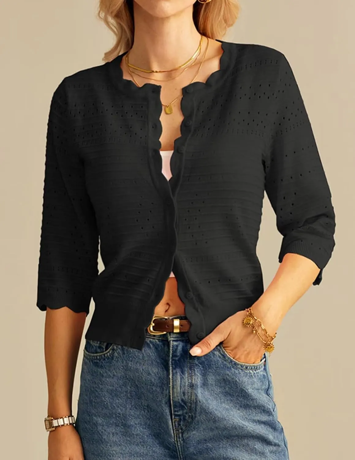 GRACE KARIN Women's 3/4 Short Sleeve Cropped Cardigan Lightweight Button up Crochet Knit Sweater Shrug for Summer Spring