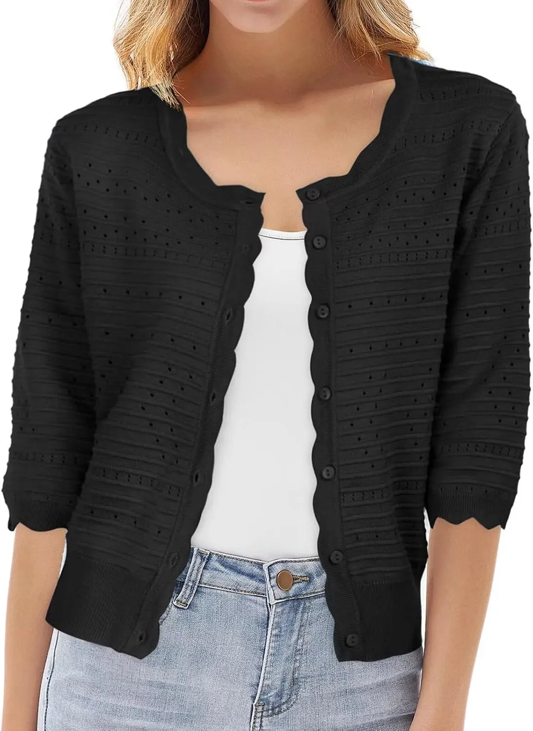 GRACE KARIN Women's 3/4 Short Sleeve Cropped Cardigan Lightweight Button up Crochet Knit Sweater Shrug for Summer Spring