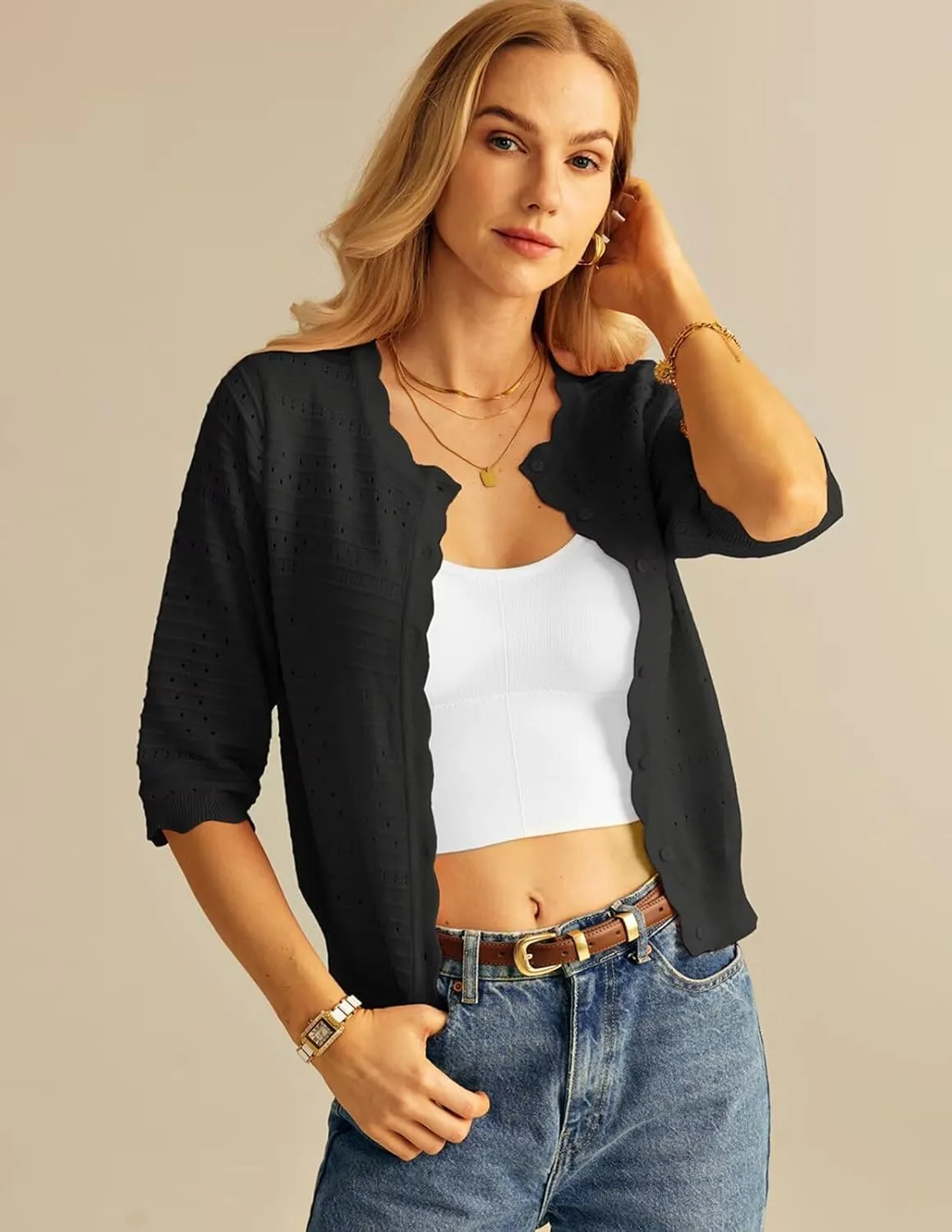 GRACE KARIN Women's 3/4 Short Sleeve Cropped Cardigan Lightweight Button up Crochet Knit Sweater Shrug for Summer Spring