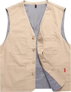 HangNiFang Men's Casual Denim Cotton Utility Vest Button Up Outdoor Pocketed Waistcoat