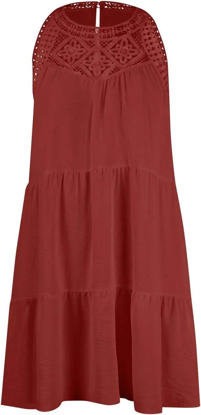 HXHYQKP Womens Summer Casual Sleeveless Halter Sundress 2025 Hollow Out Tiered Swing A Line Mini Beach Vacation Dresses