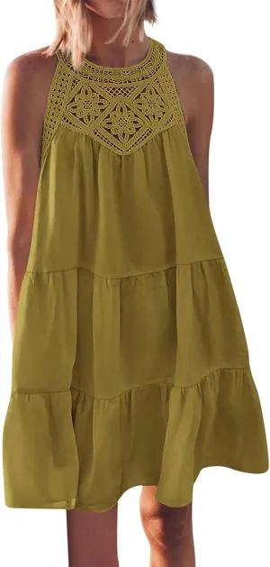 HXHYQKP Womens Summer Casual Sleeveless Halter Sundress 2025 Hollow Out Tiered Swing A Line Mini Beach Vacation Dresses