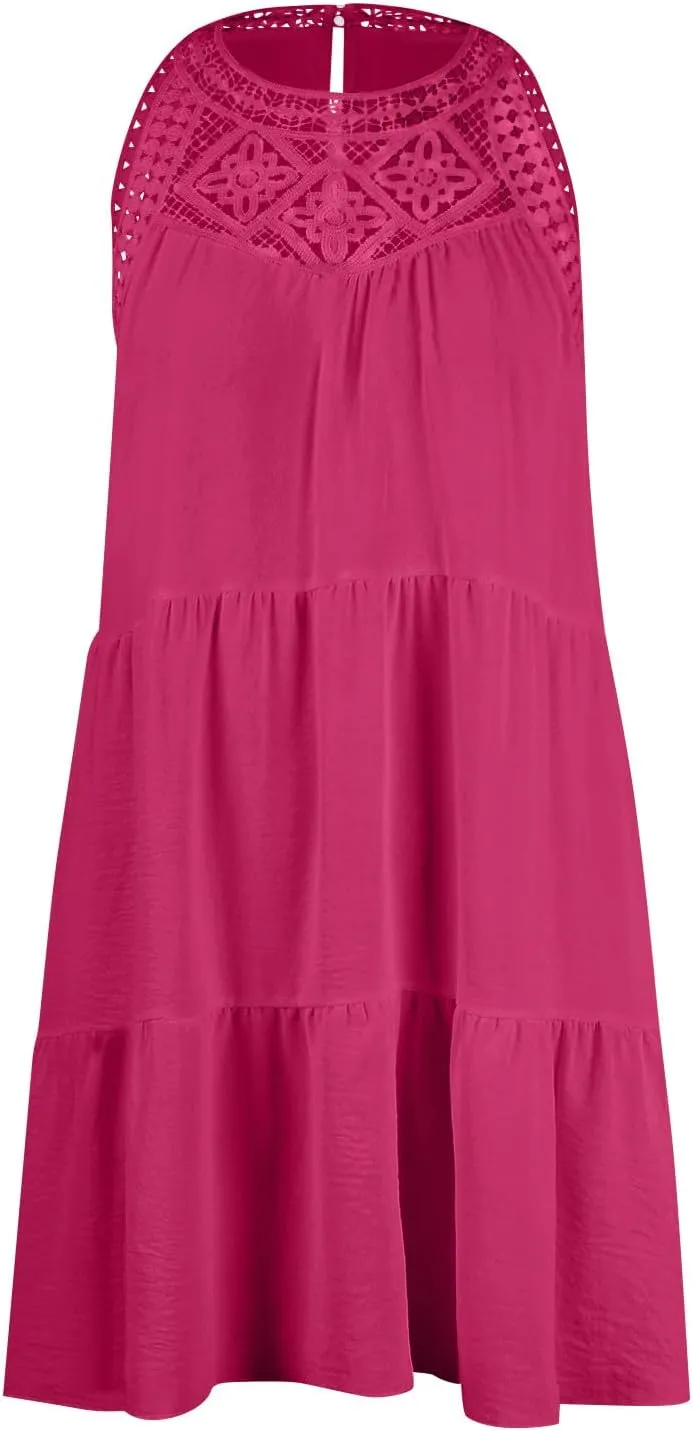 HXHYQKP Womens Summer Casual Sleeveless Halter Sundress 2025 Hollow Out Tiered Swing A Line Mini Beach Vacation Dresses