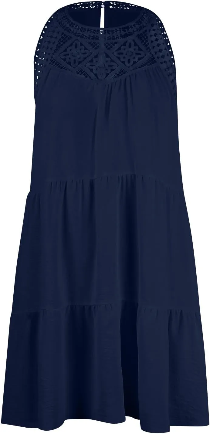HXHYQKP Womens Summer Casual Sleeveless Halter Sundress 2025 Hollow Out Tiered Swing A Line Mini Beach Vacation Dresses
