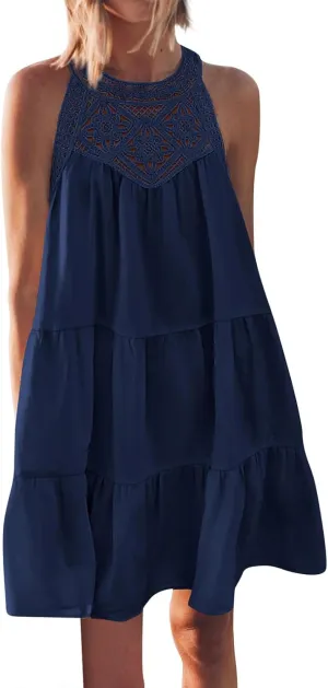 HXHYQKP Womens Summer Casual Sleeveless Halter Sundress 2025 Hollow Out Tiered Swing A Line Mini Beach Vacation Dresses