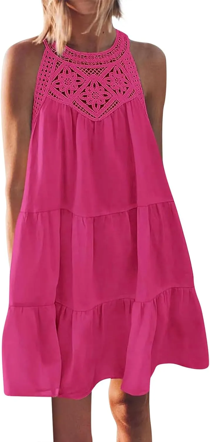 HXHYQKP Womens Summer Casual Sleeveless Halter Sundress 2025 Hollow Out Tiered Swing A Line Mini Beach Vacation Dresses