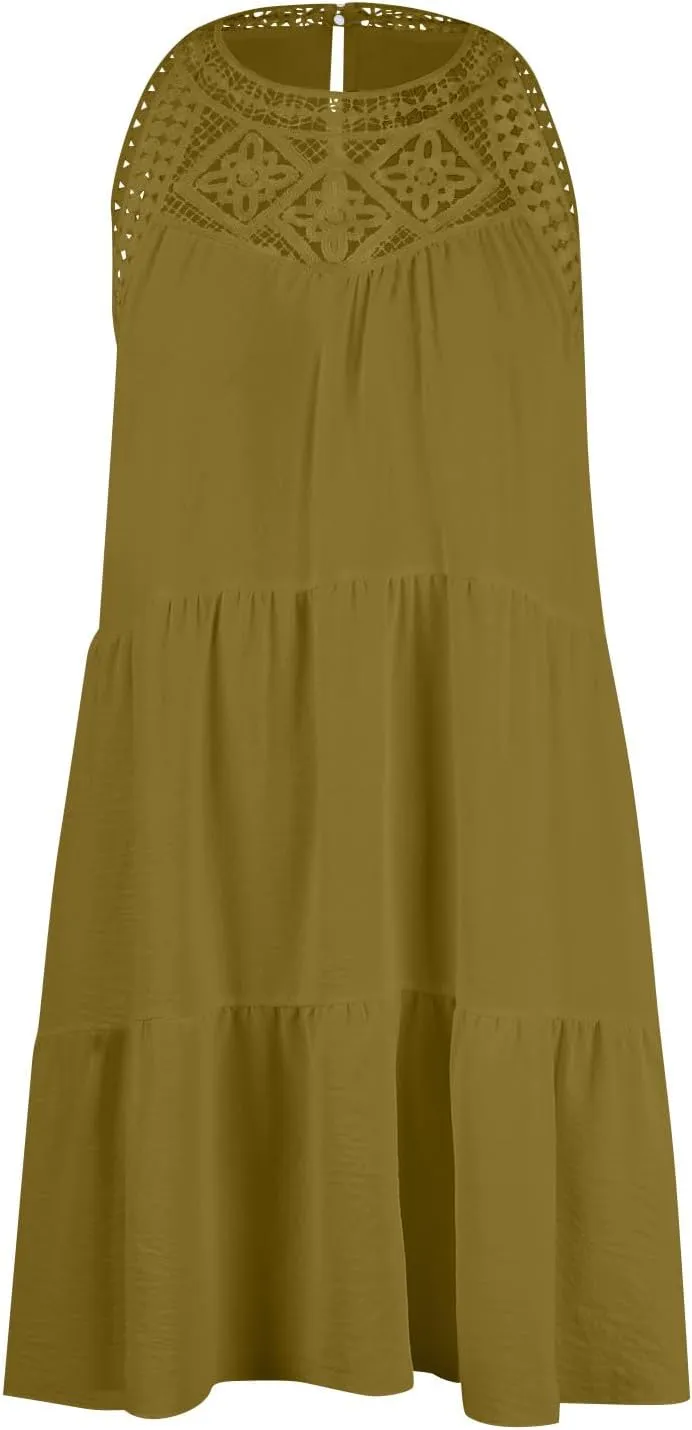 HXHYQKP Womens Summer Casual Sleeveless Halter Sundress 2025 Hollow Out Tiered Swing A Line Mini Beach Vacation Dresses